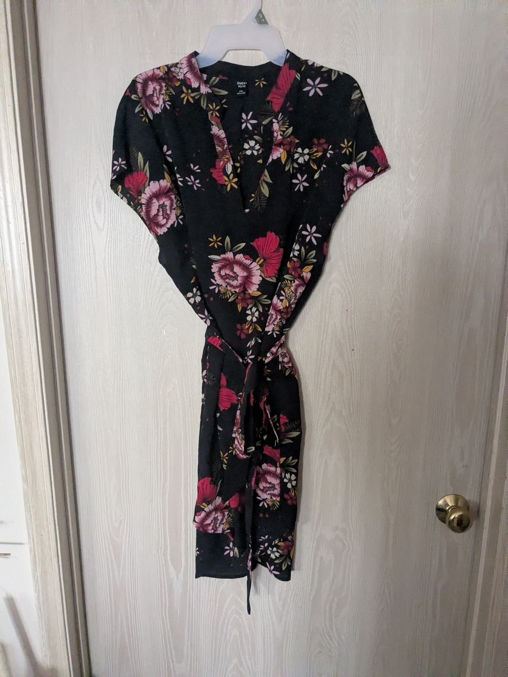 SHEIN Black Floral Midi Dress with Pink & Green Accents